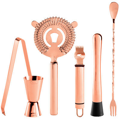 OGGI Stir-Stick Muddler Zester Jigger Ice Strainer & Tongs 6 PC Bartender Set Copper
